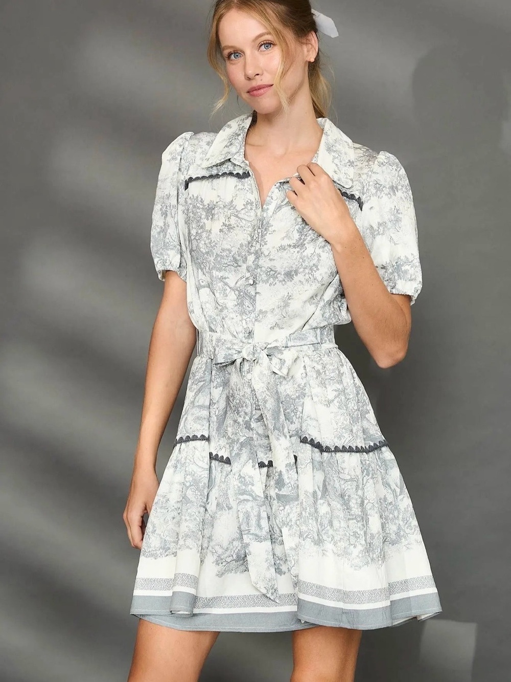 K9826 UMGEE Gray and White Toile Mini Shirt Dress with Belt